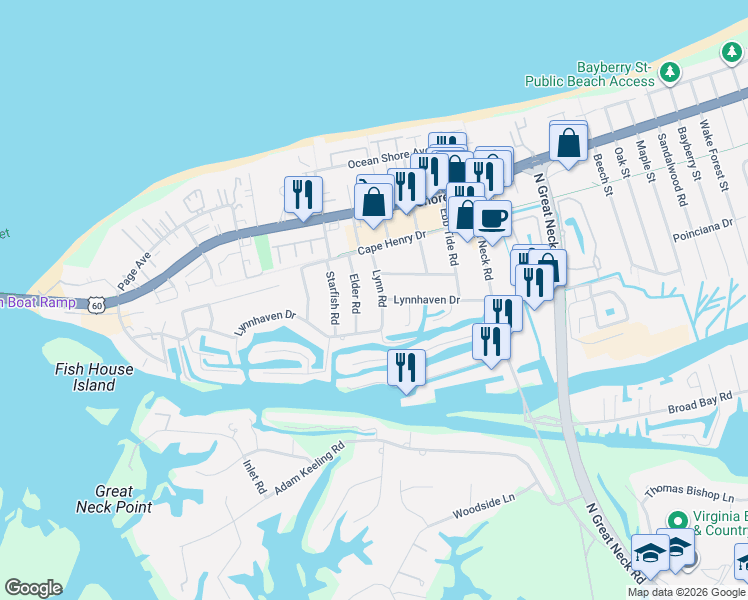 map of restaurants, bars, coffee shops, grocery stores, and more near 2968 Lynnhaven Drive in Virginia Beach