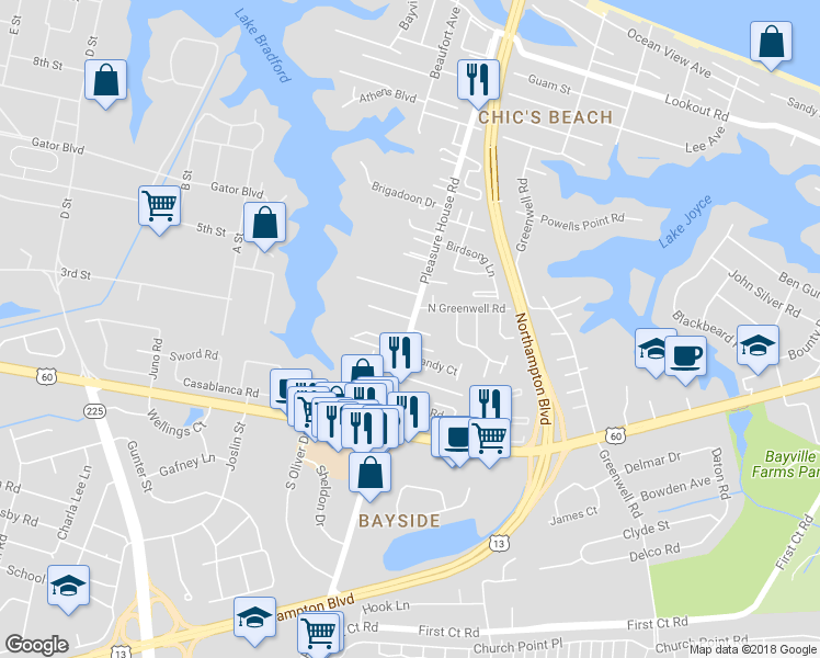 map of restaurants, bars, coffee shops, grocery stores, and more near Martinique Court in Virginia Beach
