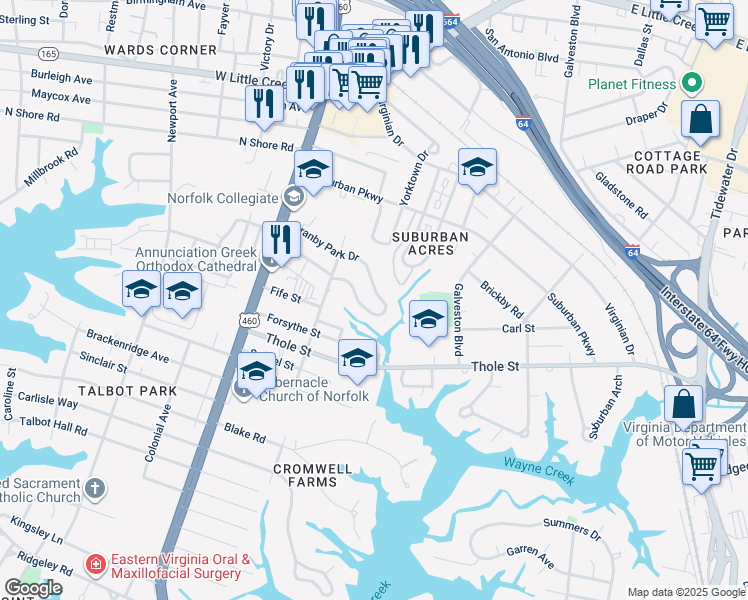map of restaurants, bars, coffee shops, grocery stores, and more near 223 Granby Park Drive in Norfolk