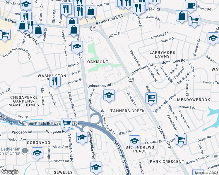 map of restaurants, bars, coffee shops, grocery stores, and more near 7004 North Gate Drive in Norfolk