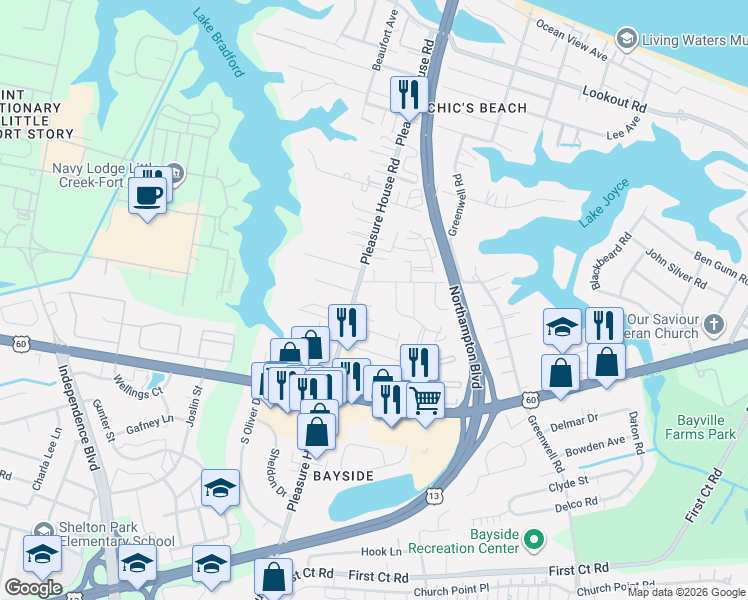 map of restaurants, bars, coffee shops, grocery stores, and more near 4716 Martinique Court in Virginia Beach