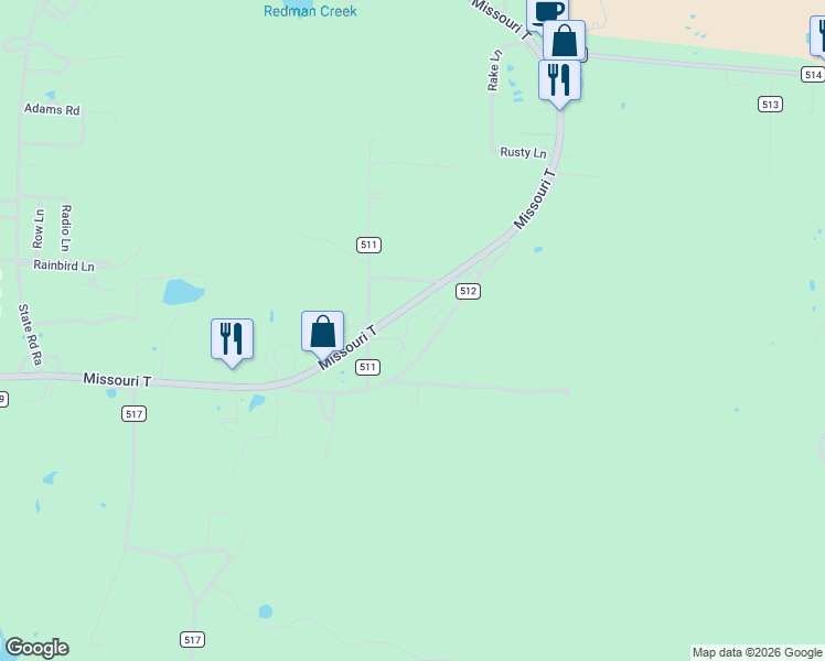 map of restaurants, bars, coffee shops, grocery stores, and more near 46 County Road 511 in Wappapello