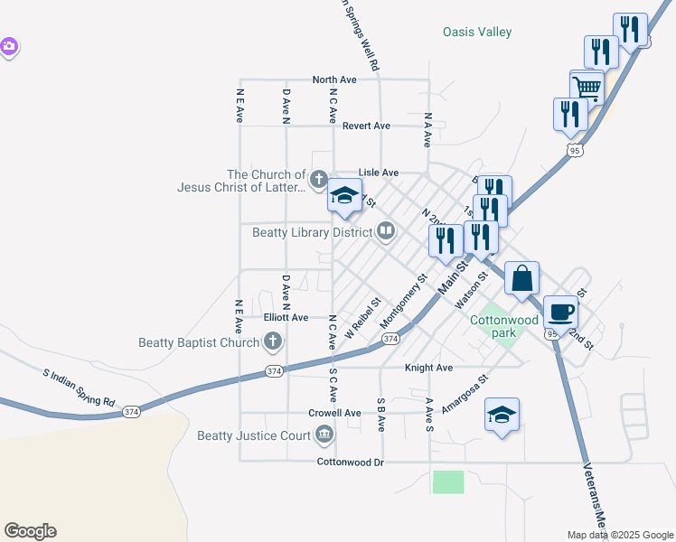 map of restaurants, bars, coffee shops, grocery stores, and more near 501 North Irving Street in Beatty
