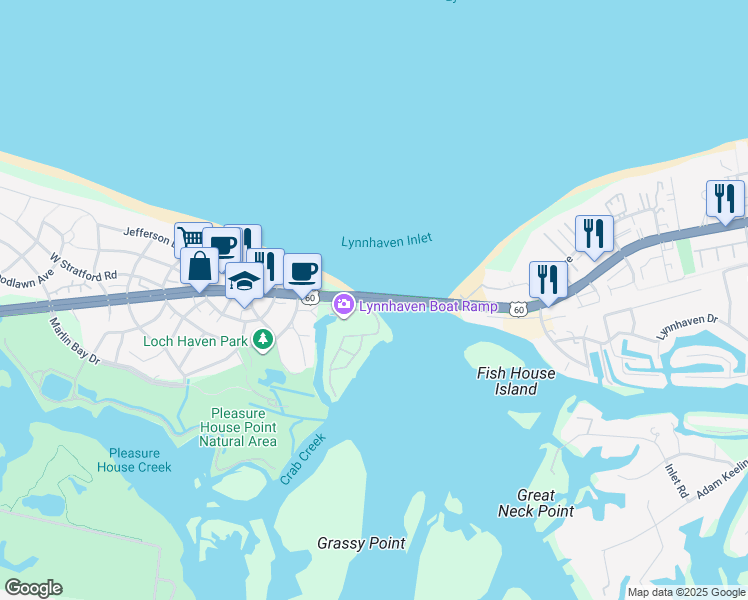 map of restaurants, bars, coffee shops, grocery stores, and more near John A Lesner Bridge in Virginia Beach
