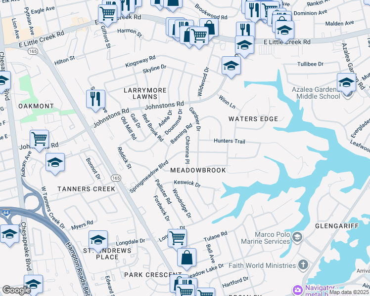 map of restaurants, bars, coffee shops, grocery stores, and more near 6931 Chironna Place in Norfolk