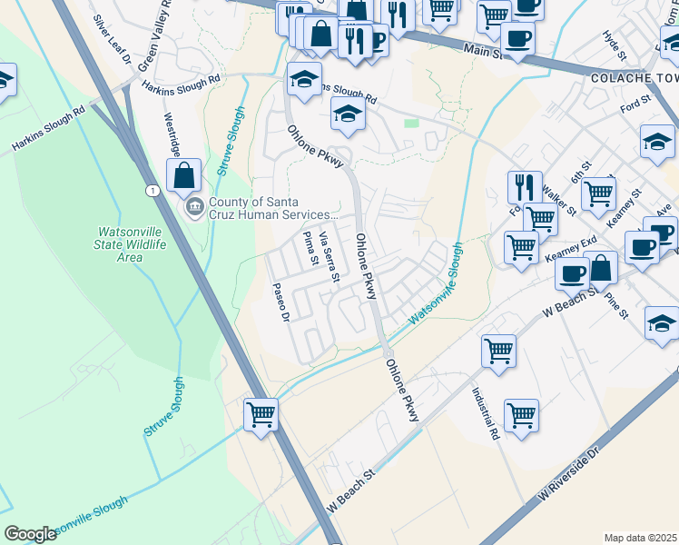 map of restaurants, bars, coffee shops, grocery stores, and more near 55 Via Serra Street in Watsonville