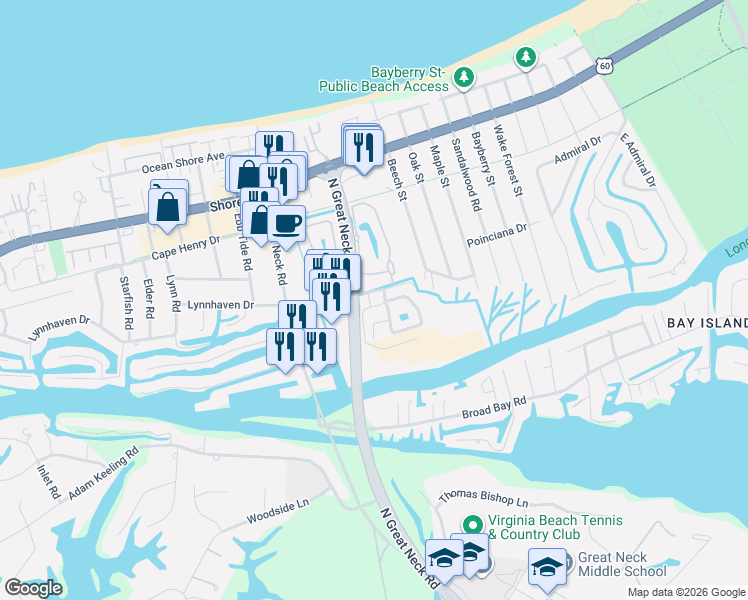 map of restaurants, bars, coffee shops, grocery stores, and more near 2157 Marina Shores Drive in Virginia Beach