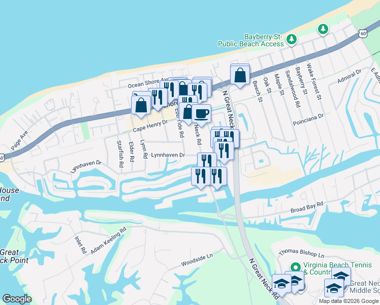 map of restaurants, bars, coffee shops, grocery stores, and more near in Virginia Beach