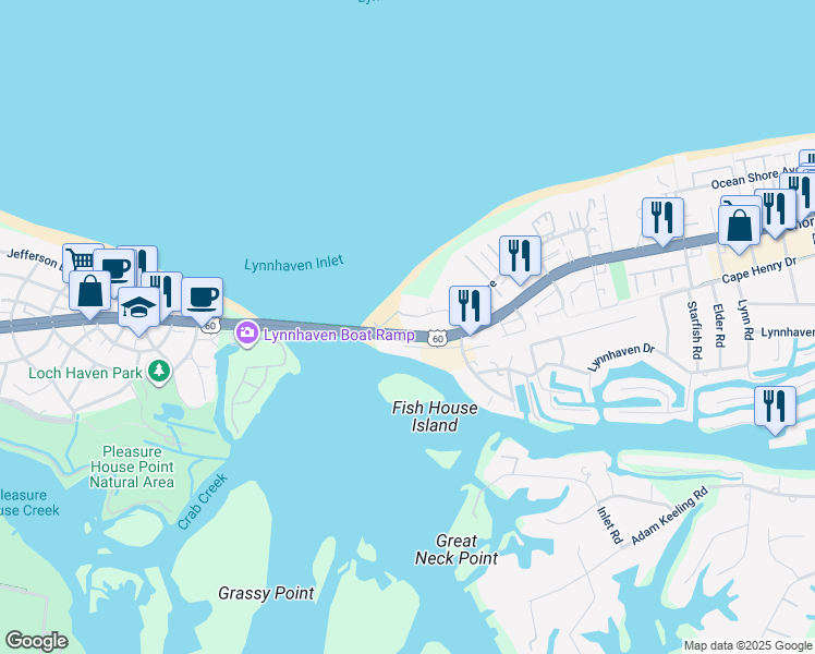 map of restaurants, bars, coffee shops, grocery stores, and more near 3317 Ocean Shore Avenue in Virginia Beach