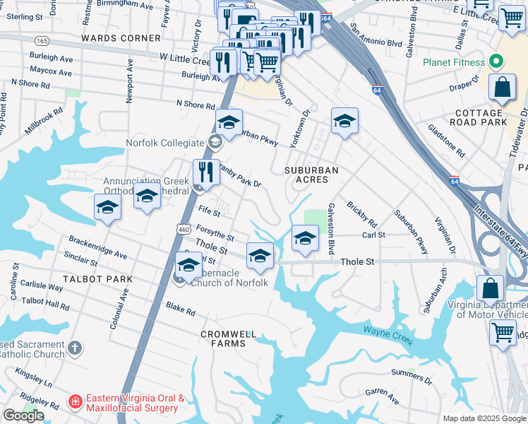 map of restaurants, bars, coffee shops, grocery stores, and more near 223 Granby Park Drive in Norfolk