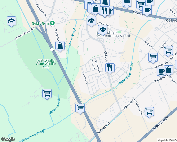 map of restaurants, bars, coffee shops, grocery stores, and more near 27 Las Flores Street in Watsonville