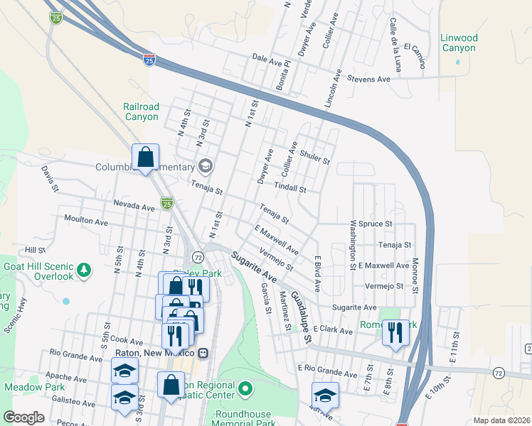 map of restaurants, bars, coffee shops, grocery stores, and more near 337 Terrill Avenue in Raton