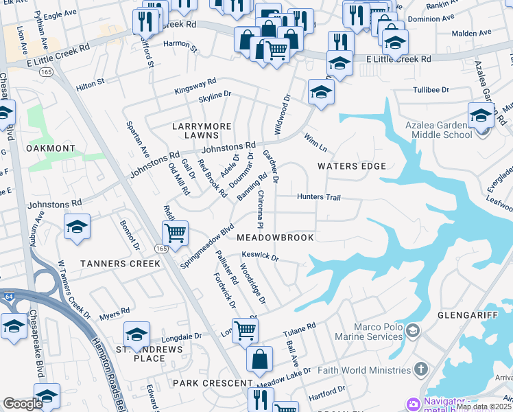 map of restaurants, bars, coffee shops, grocery stores, and more near 6931 Chironna Place in Norfolk