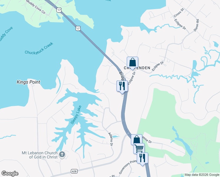 map of restaurants, bars, coffee shops, grocery stores, and more near 1650 Tautog Road in Suffolk