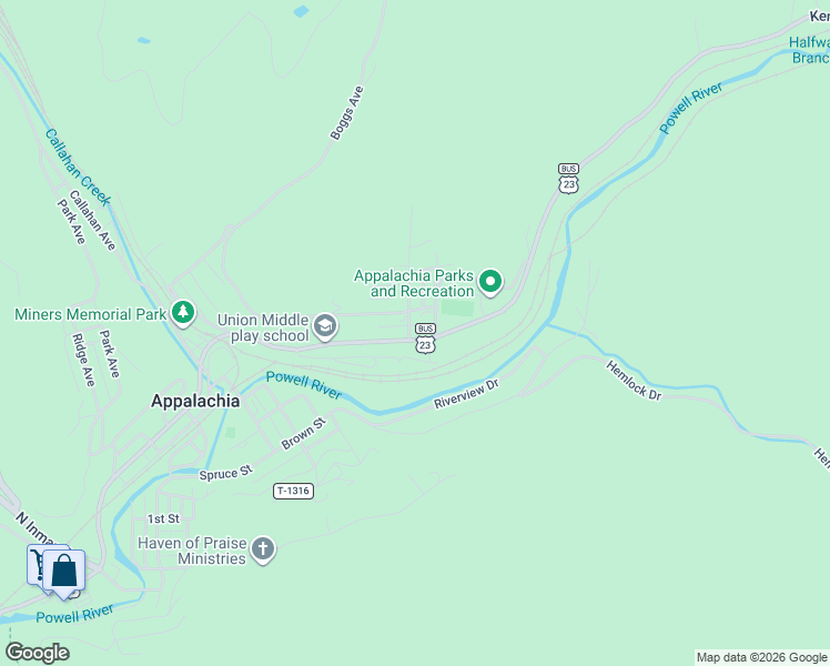 map of restaurants, bars, coffee shops, grocery stores, and more near 500-504 East Main Street in Appalachia
