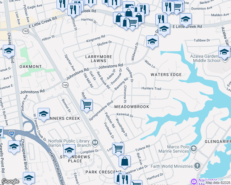 map of restaurants, bars, coffee shops, grocery stores, and more near 1643 Banning Road in Norfolk