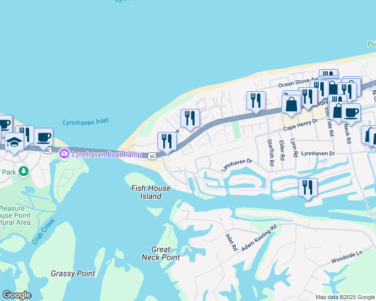 map of restaurants, bars, coffee shops, grocery stores, and more near 2229 Lesner Crescent in Virginia Beach