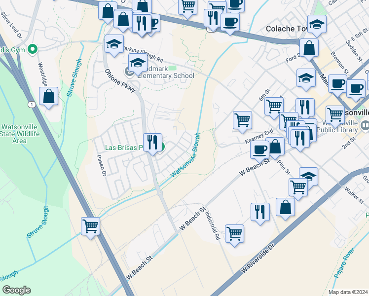 map of restaurants, bars, coffee shops, grocery stores, and more near 1775 Santa Victoria Avenue in Watsonville