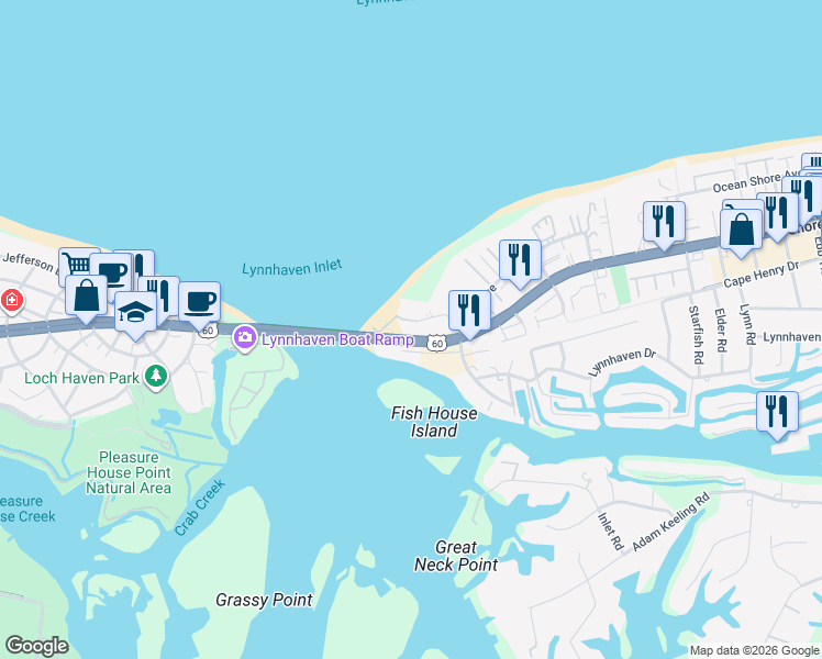 map of restaurants, bars, coffee shops, grocery stores, and more near 3317 Ocean Shore Avenue in Virginia Beach