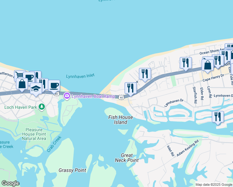 map of restaurants, bars, coffee shops, grocery stores, and more near 3399 Ocean Shore Avenue in Virginia Beach