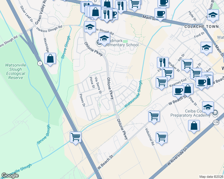 map of restaurants, bars, coffee shops, grocery stores, and more near 1031 Santa Rosa Court in Watsonville