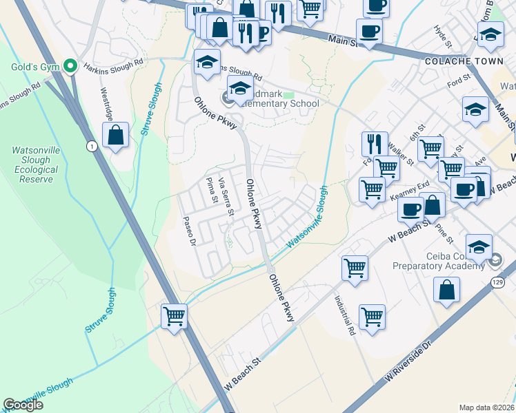 map of restaurants, bars, coffee shops, grocery stores, and more near in Watsonville