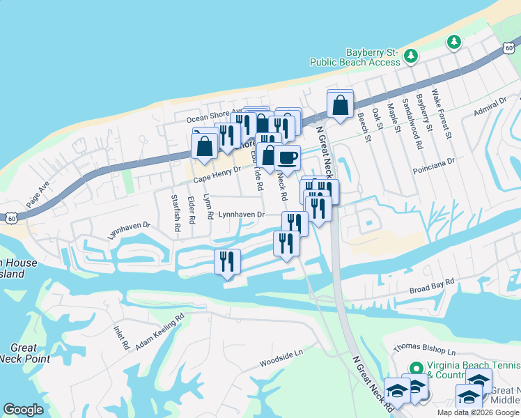 map of restaurants, bars, coffee shops, grocery stores, and more near 2115 Lynnhaven Circle in Virginia Beach