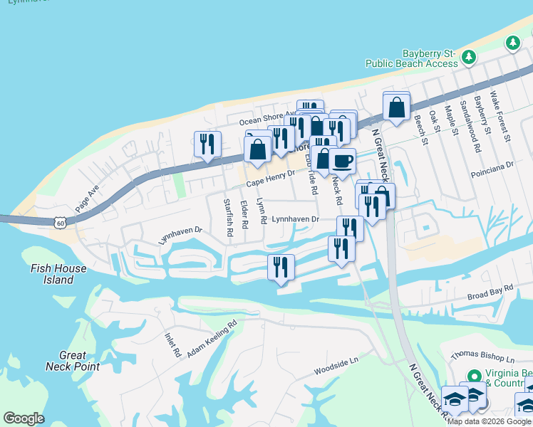 map of restaurants, bars, coffee shops, grocery stores, and more near 2968 Lynnhaven Drive in Virginia Beach