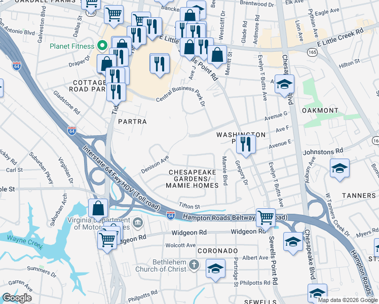map of restaurants, bars, coffee shops, grocery stores, and more near 901-905 Craten Road in Norfolk