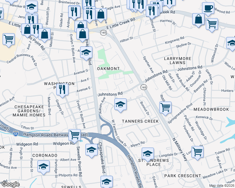 map of restaurants, bars, coffee shops, grocery stores, and more near Johnstons Road in Norfolk