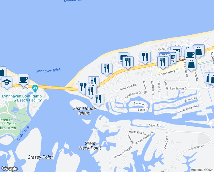 map of restaurants, bars, coffee shops, grocery stores, and more near 2229 Lesner Crescent in Virginia Beach