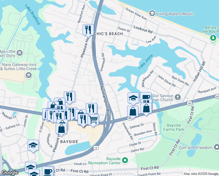 map of restaurants, bars, coffee shops, grocery stores, and more near 2265 Greenwell Road in Virginia Beach