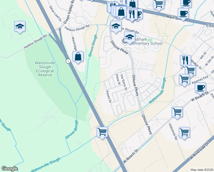 map of restaurants, bars, coffee shops, grocery stores, and more near 23 Paseo Drive in Watsonville