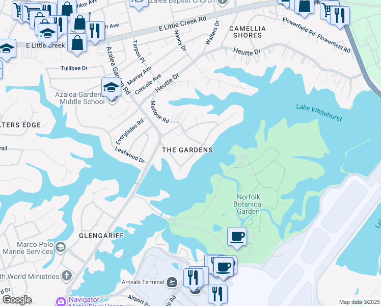 map of restaurants, bars, coffee shops, grocery stores, and more near 2526 Wingfield Road in Norfolk