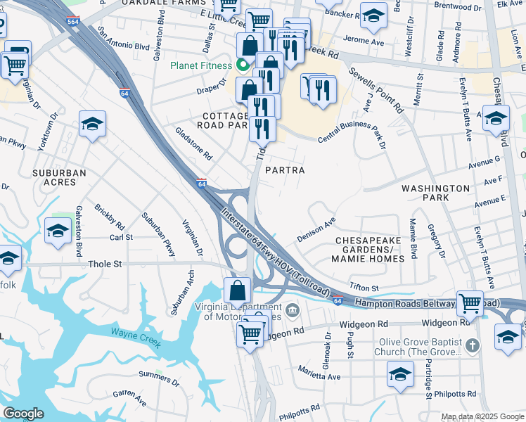 map of restaurants, bars, coffee shops, grocery stores, and more near 7408 Tidewater Drive in Norfolk