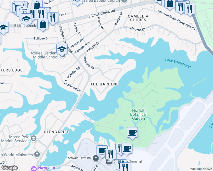 map of restaurants, bars, coffee shops, grocery stores, and more near 2526 Wingfield Road in Norfolk