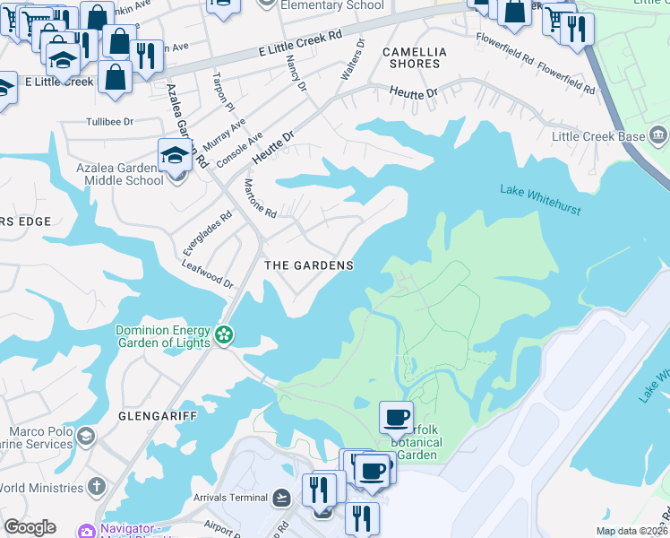 map of restaurants, bars, coffee shops, grocery stores, and more near 2533 Wingfield Road in Norfolk