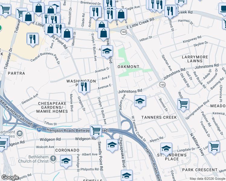 map of restaurants, bars, coffee shops, grocery stores, and more near 1097 Johnstons Road in Norfolk