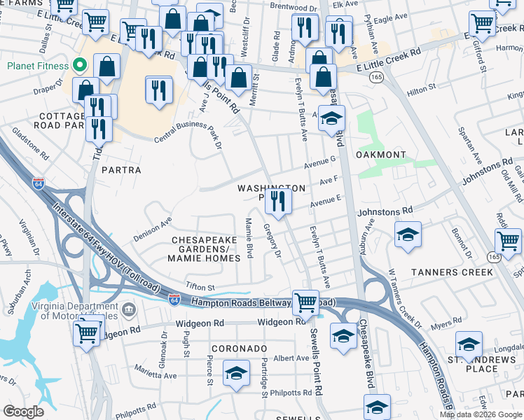 map of restaurants, bars, coffee shops, grocery stores, and more near 7116 Mamie Boulevard in Norfolk