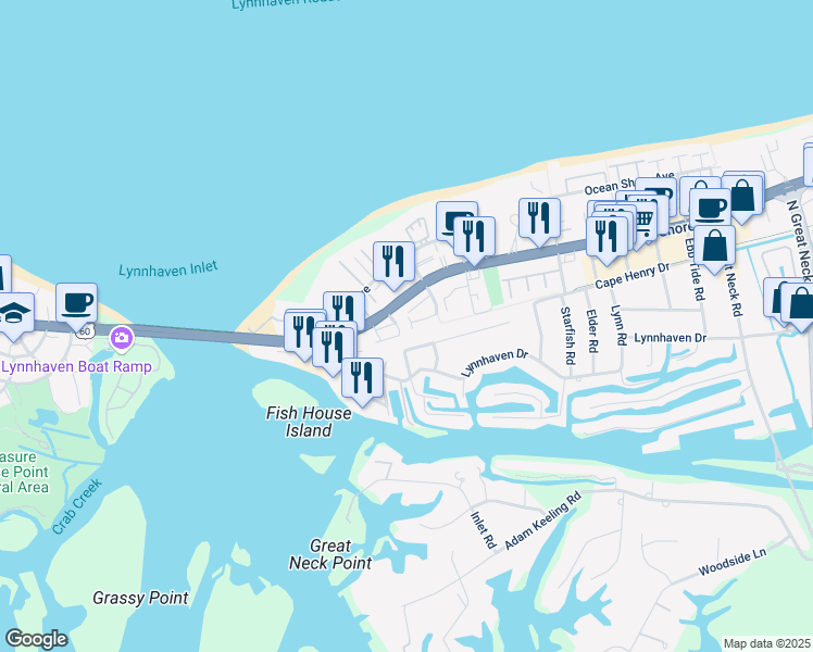 map of restaurants, bars, coffee shops, grocery stores, and more near 3201 Jade Court in Virginia Beach