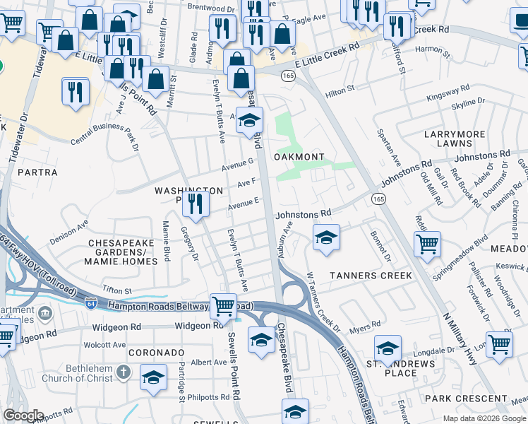 map of restaurants, bars, coffee shops, grocery stores, and more near 1097 Johnstons Road in Norfolk
