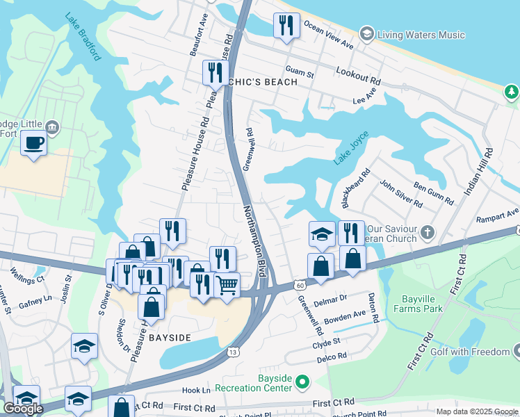 map of restaurants, bars, coffee shops, grocery stores, and more near 2316 Wood Beach Landing in Virginia Beach