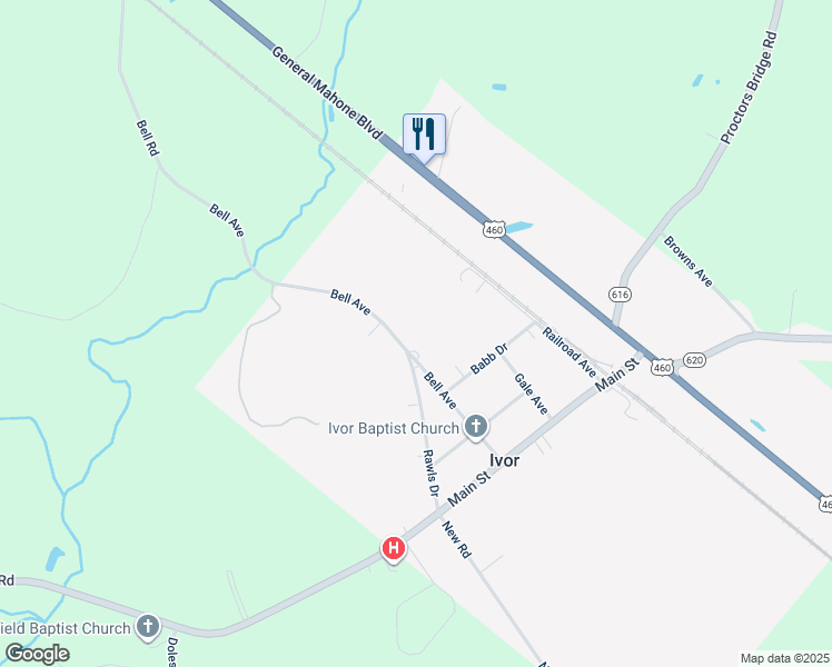 map of restaurants, bars, coffee shops, grocery stores, and more near 8371 Rawls Drive in Ivor