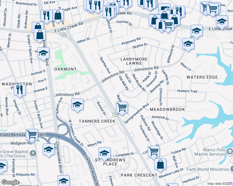 map of restaurants, bars, coffee shops, grocery stores, and more near 6961 Riddick Street in Norfolk