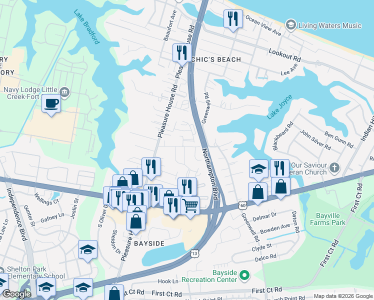 map of restaurants, bars, coffee shops, grocery stores, and more near 2229 Chicks Beach Court in Virginia Beach