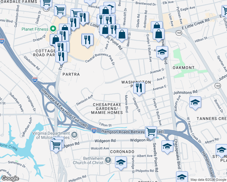 map of restaurants, bars, coffee shops, grocery stores, and more near 925 Craten Road in Norfolk