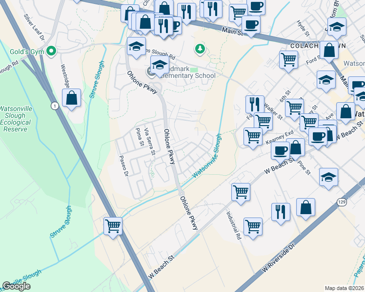 map of restaurants, bars, coffee shops, grocery stores, and more near 323 San Luis Avenue in Watsonville