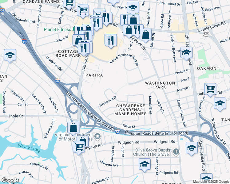 map of restaurants, bars, coffee shops, grocery stores, and more near 788 Denison Avenue in Norfolk