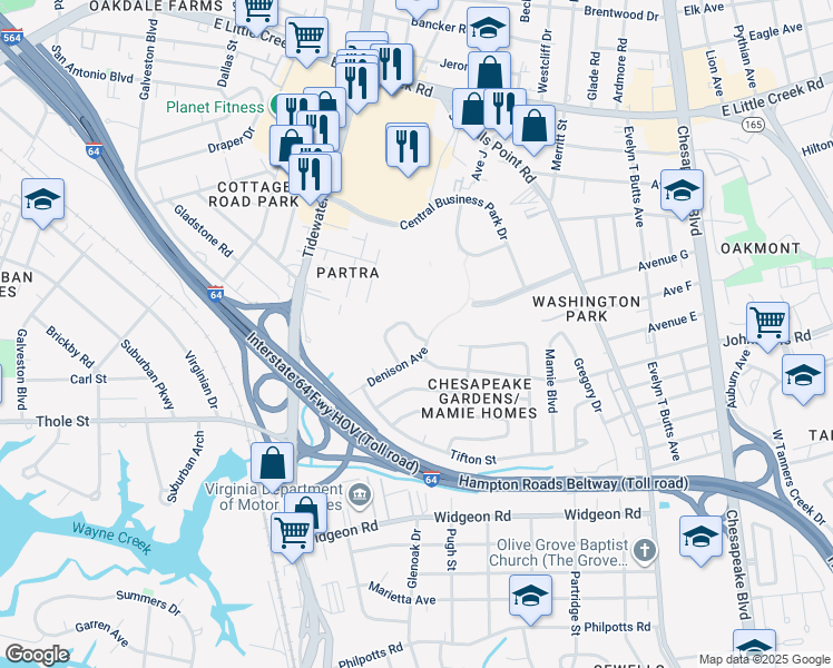 map of restaurants, bars, coffee shops, grocery stores, and more near 788 Denison Avenue in Norfolk