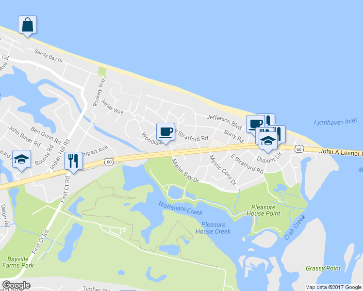 map of restaurants, bars, coffee shops, grocery stores, and more near 2209 Lateener Court in Virginia Beach
